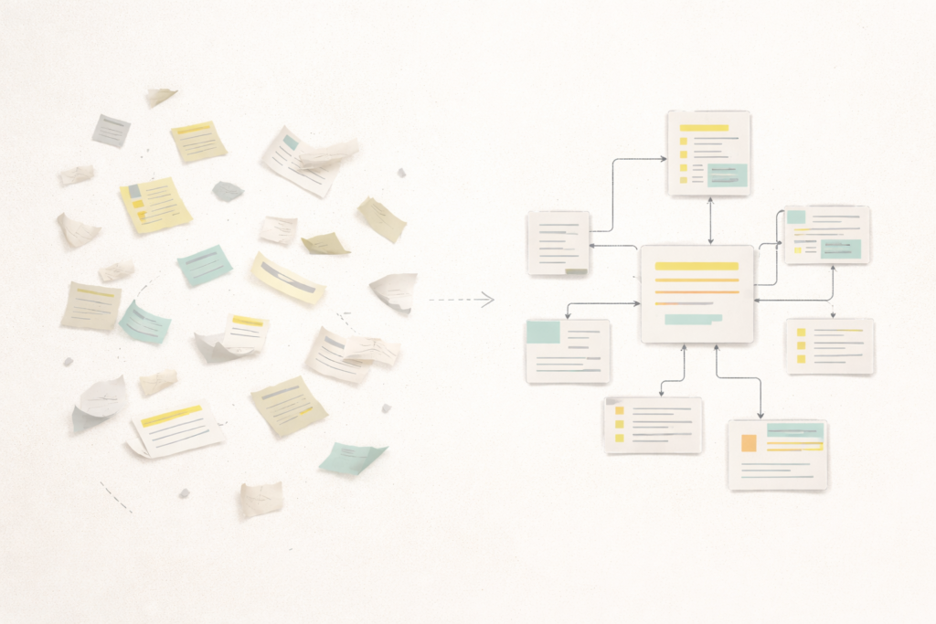 Abstract visual showing fragmented notes gradually forming a coherent pattern, representing the shift from information capture to meaningful knowledge.