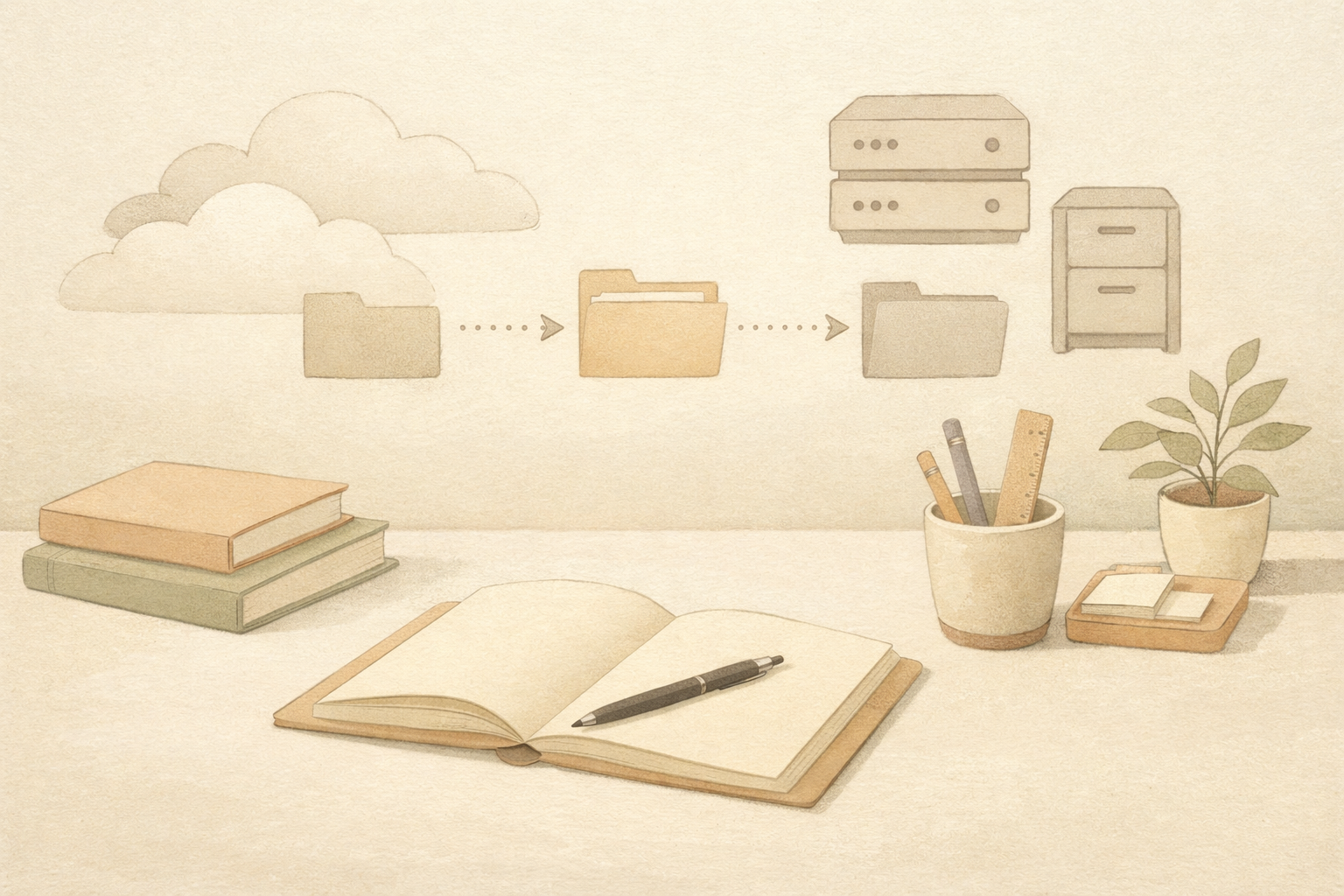 Modern workspace illustrating digital sovereignty, showing balance between cloud services and personal control of data and digital tools.