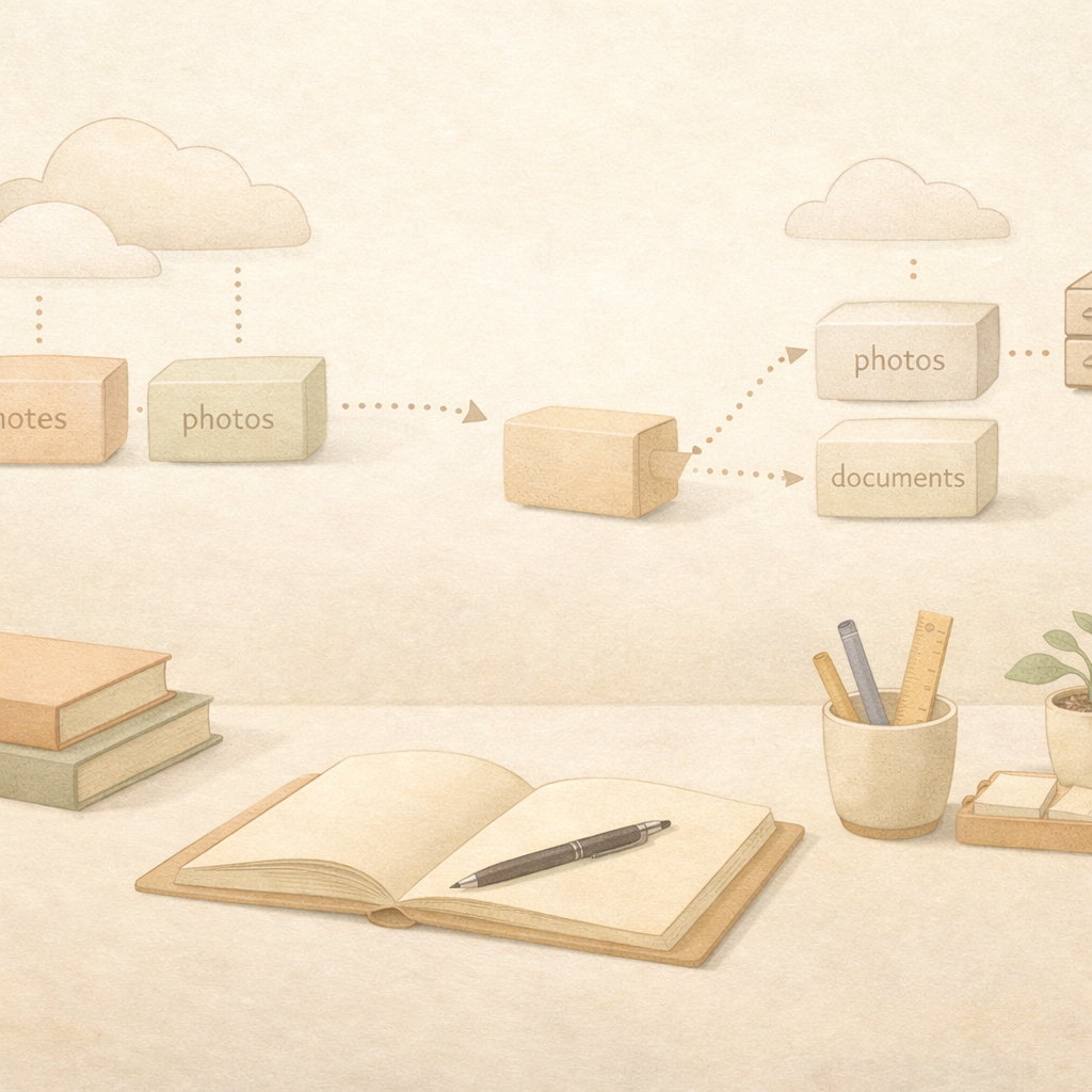 Conceptual illustration of portable digital data, showing notes, documents, and photos moving between cloud platforms and personal systems.
