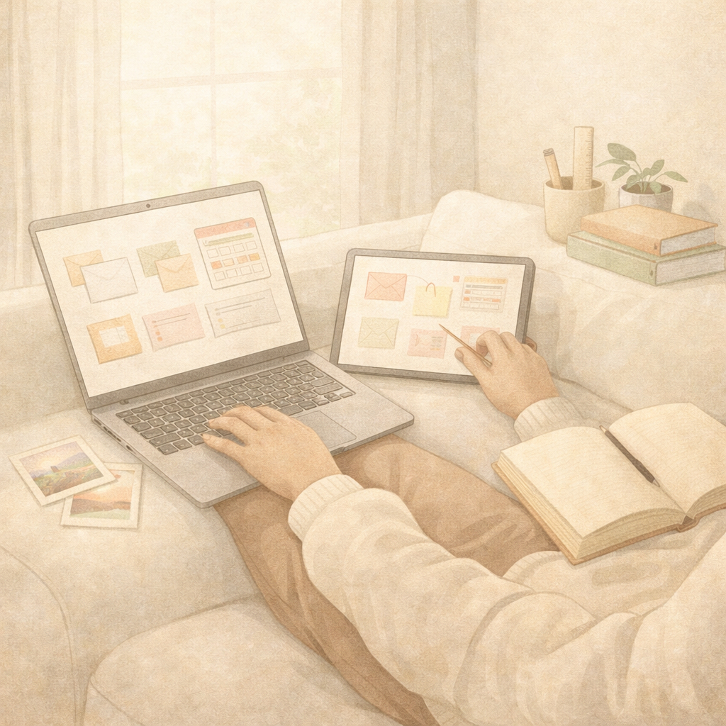 Person using everyday digital devices at home, representing practical digital sovereignty and long-term ownership of personal files and information.